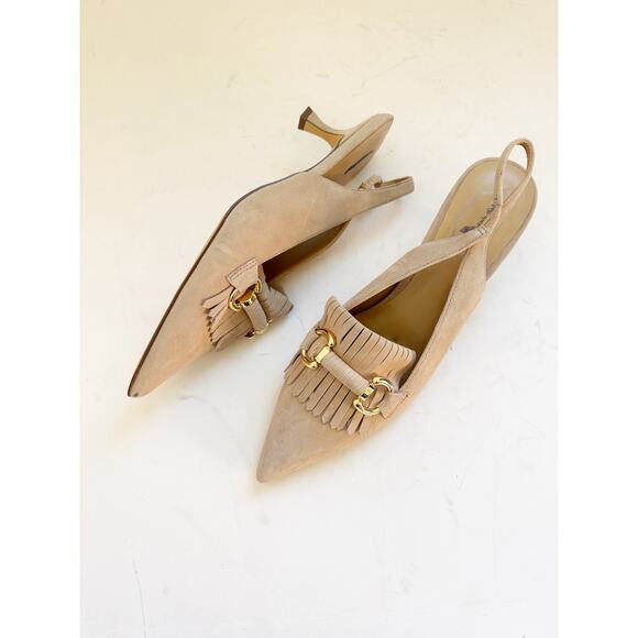 NWOB Ann Taylor Horsebit Fringe Suede Kitten Heels Tan Gold 9 - Picture 4 of 9